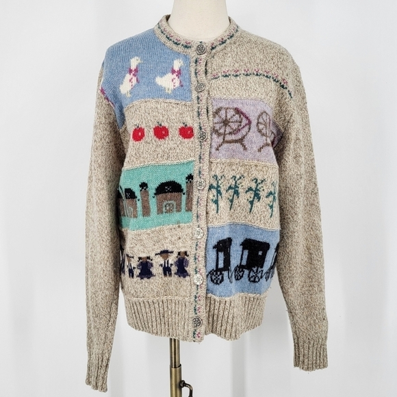 Vintage Woolrich Cardigan Sweater Wool Amish Country Farm Knit Cream Large - Picture 1 of 8